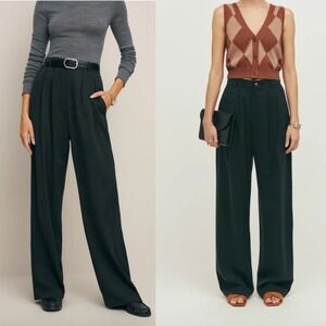 Reformation Mason Pant Black Wide Leg Pleated High Waist Pockets Womens 0‎